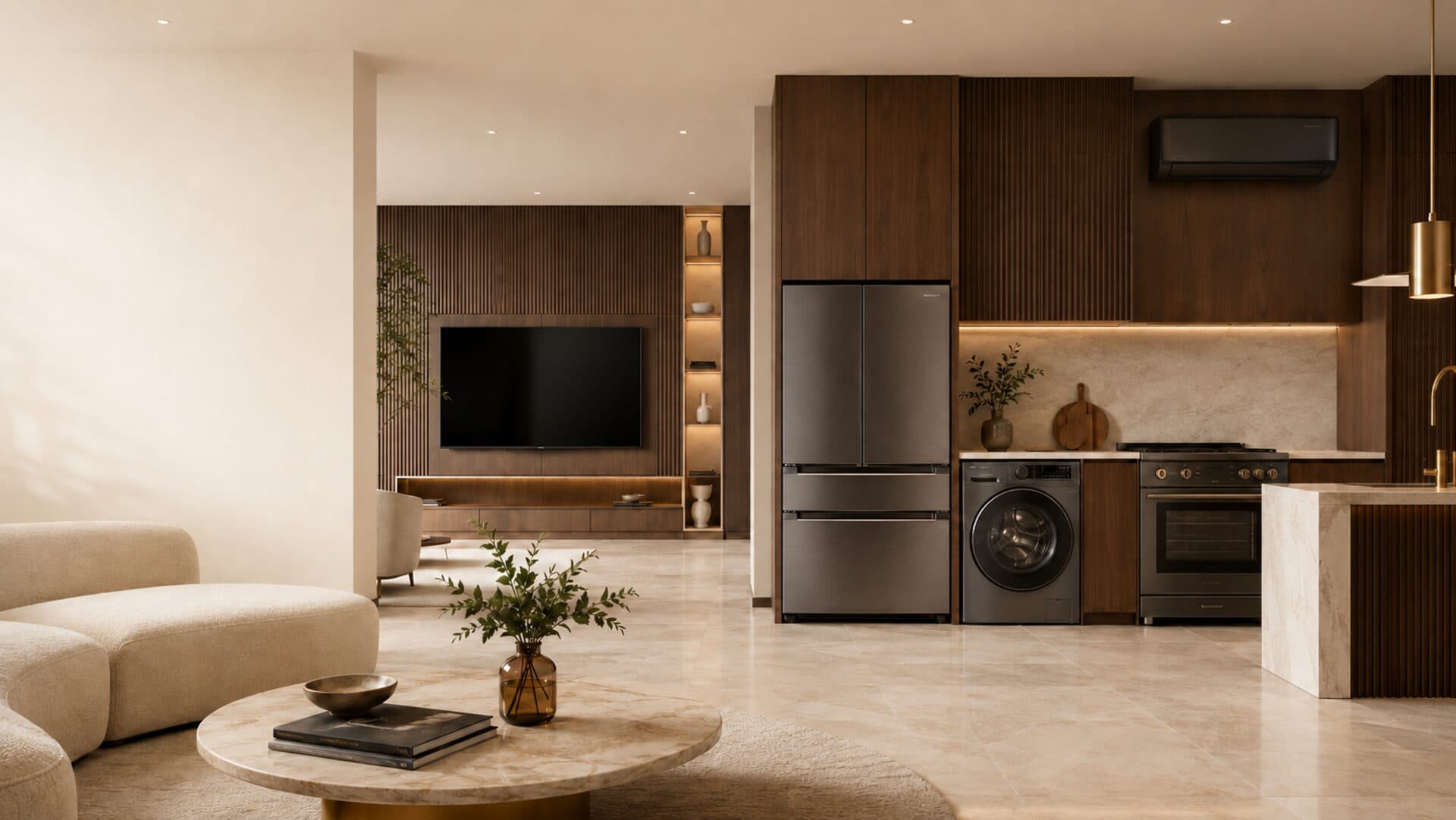 Living room and kitchen with premium appliances