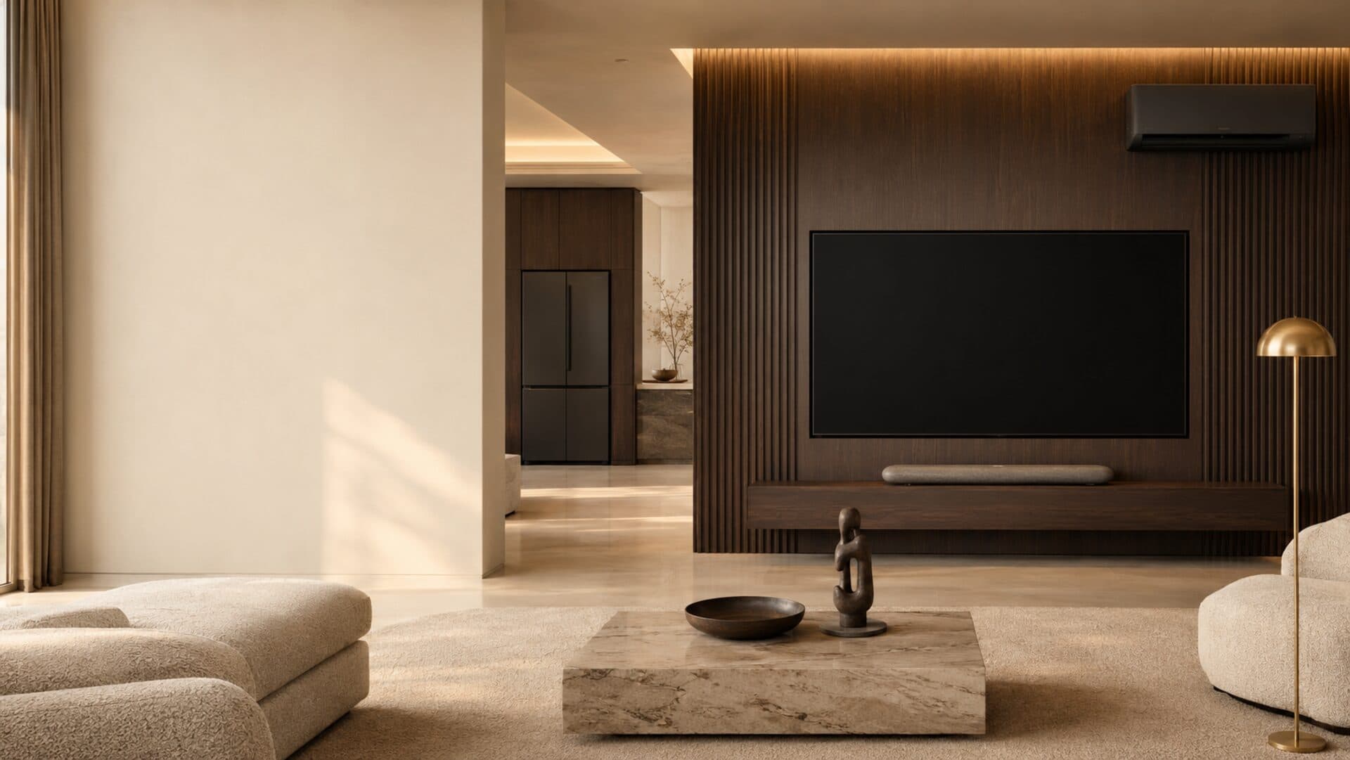 Living room with premium television and sound bar